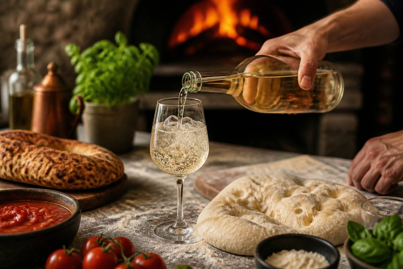 Mains versant du prosecco dans un verre rempli de glaçons