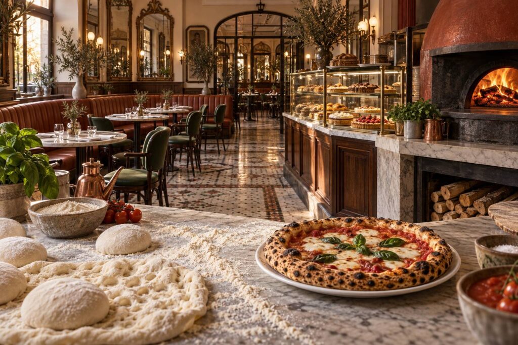 Salle d'un café-restaurant italien élégant avec tables de marbre et comptoir de pâtisseries