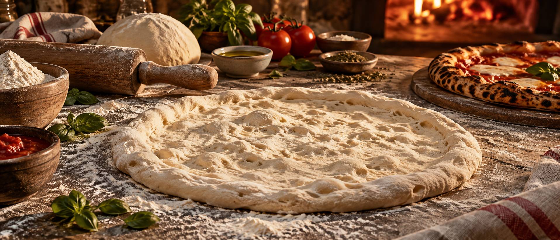 Détail d'une pâte à pizza étalée et farinée sur le plan de travail