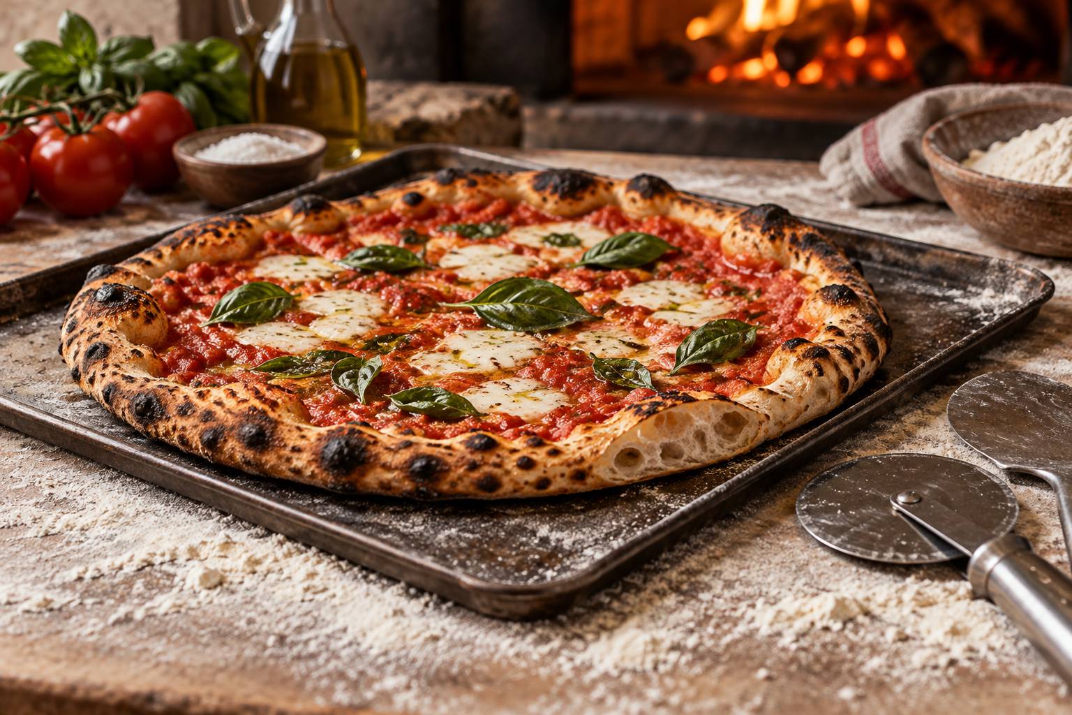 Détail d'une pizza romaine à la croûte léopardée avec basilic