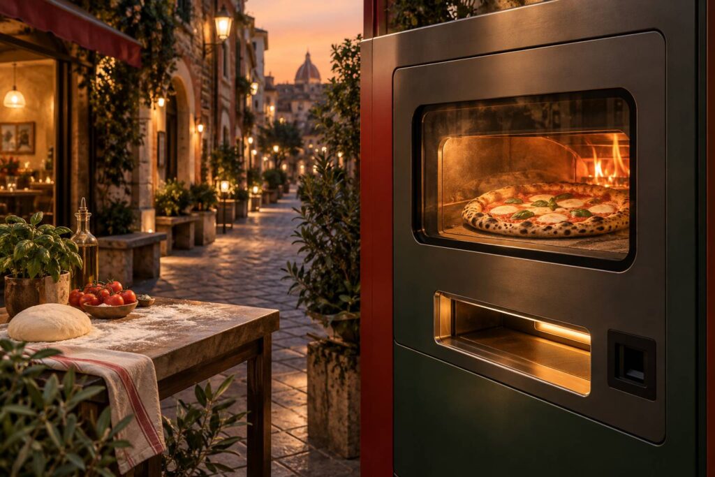 Distributeur automatique de pizza éclairé dans une rue de ville le soir