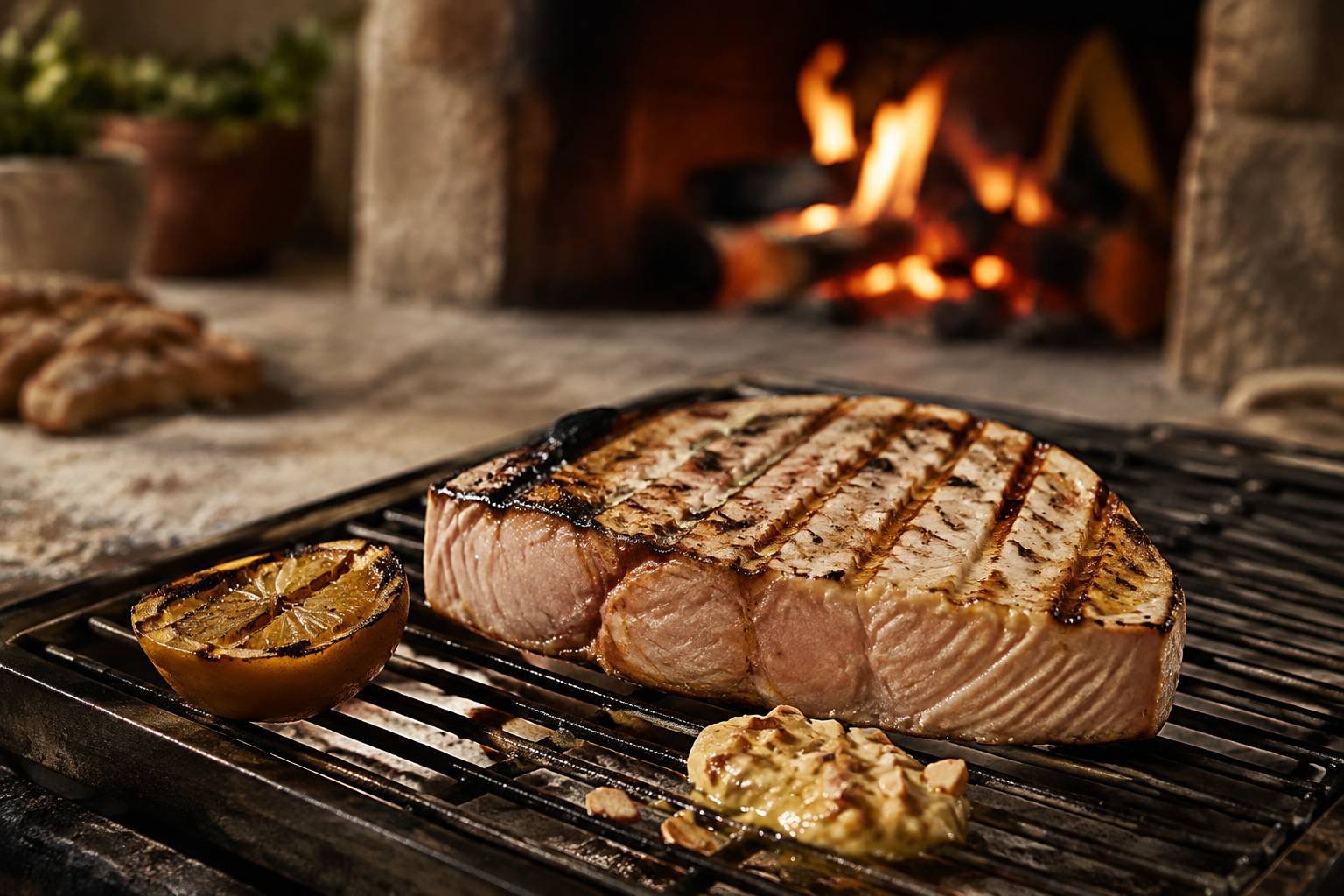 Steak d'espadon grillé aux marques de cuisson avec citron grillé