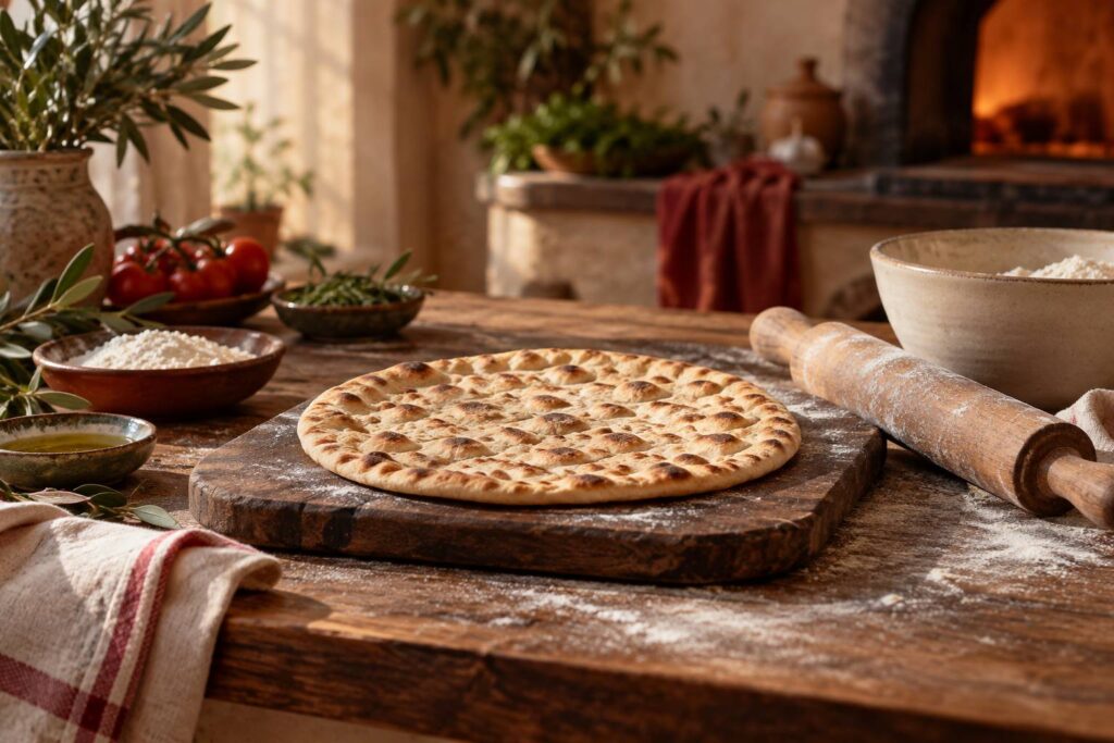 Galette plate de pain sans levain sur une planche farinee avec rouleau