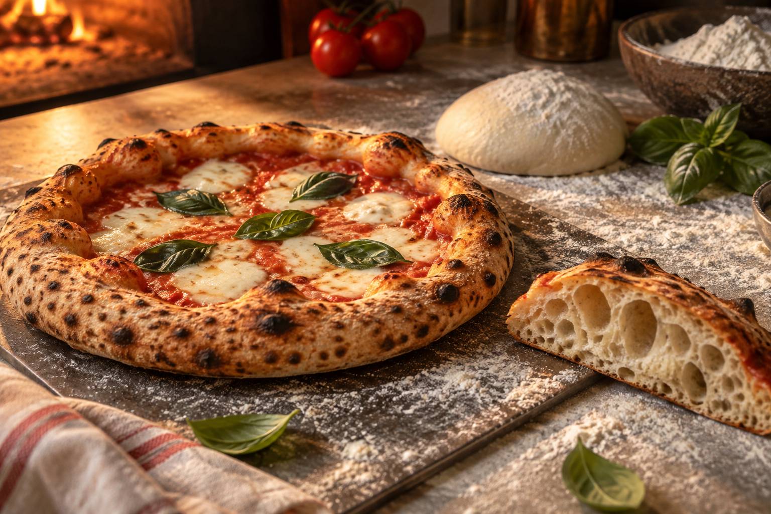 Gros plan sur une croûte léopardée et une mie alvéolée de pizza