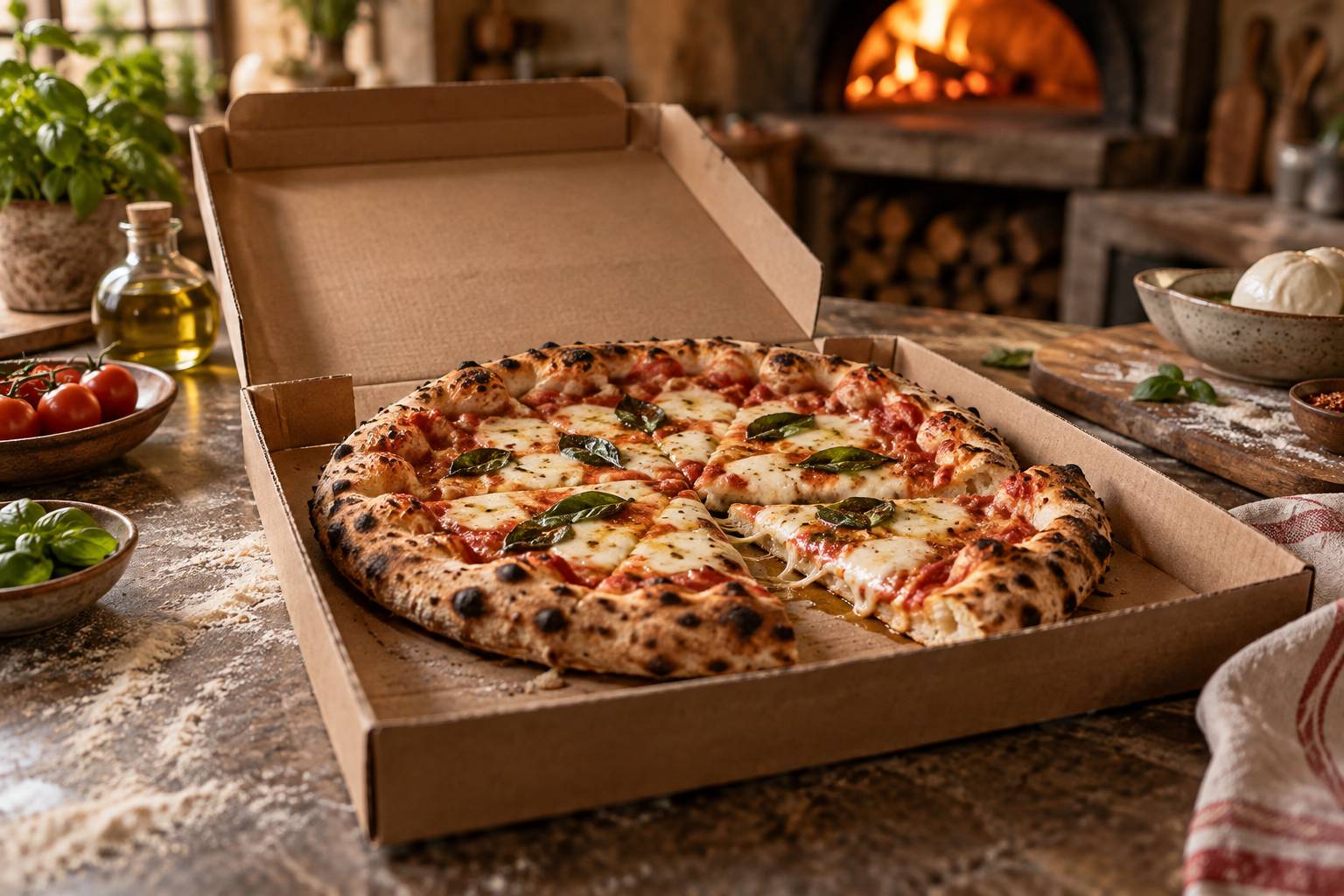 Gros plan sur une petite pizza dans sa boîte en carton ouverte