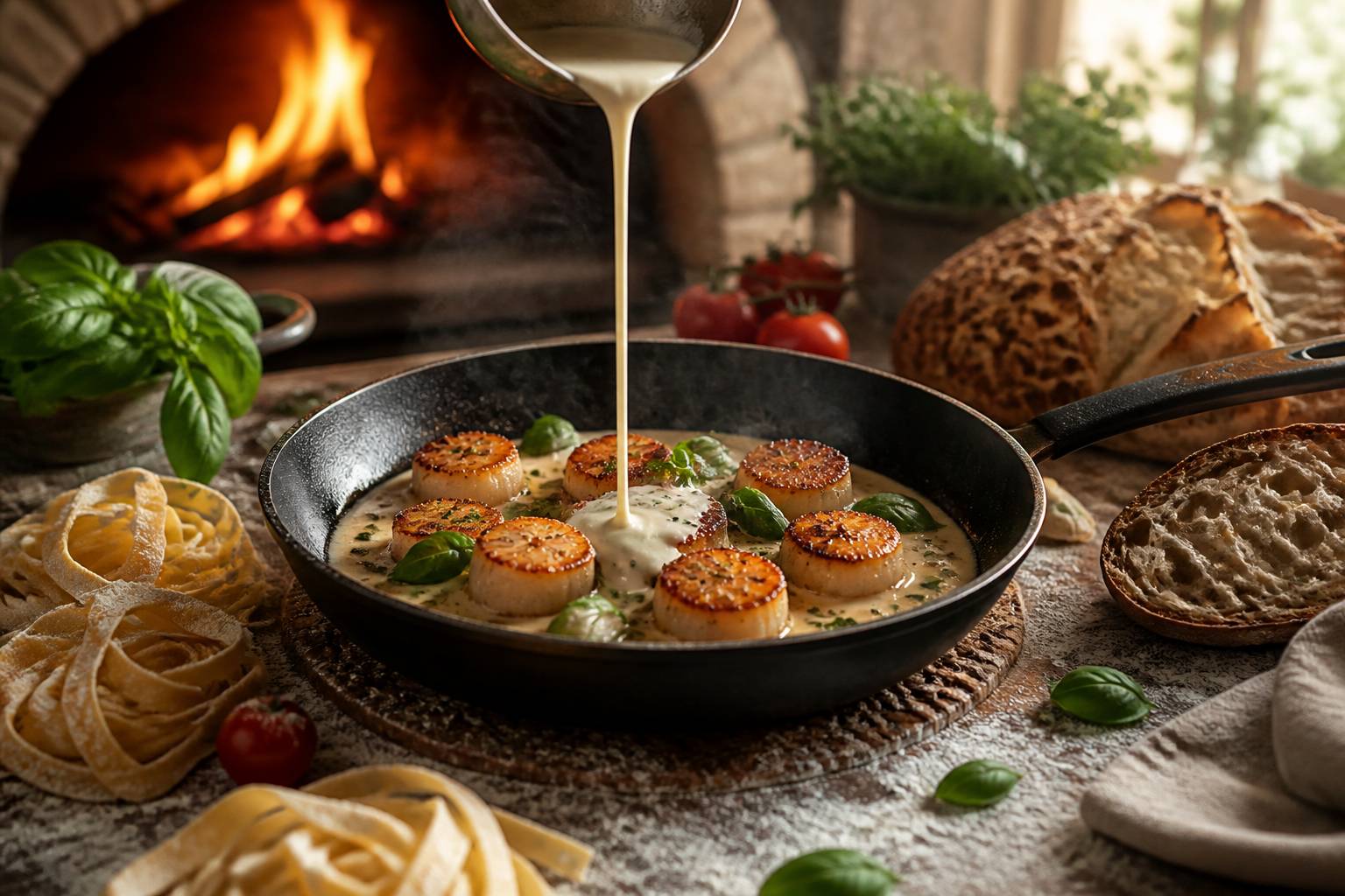 Noix de Saint-Jacques saisies au beurre dans une poêle avec crème versée en filet
