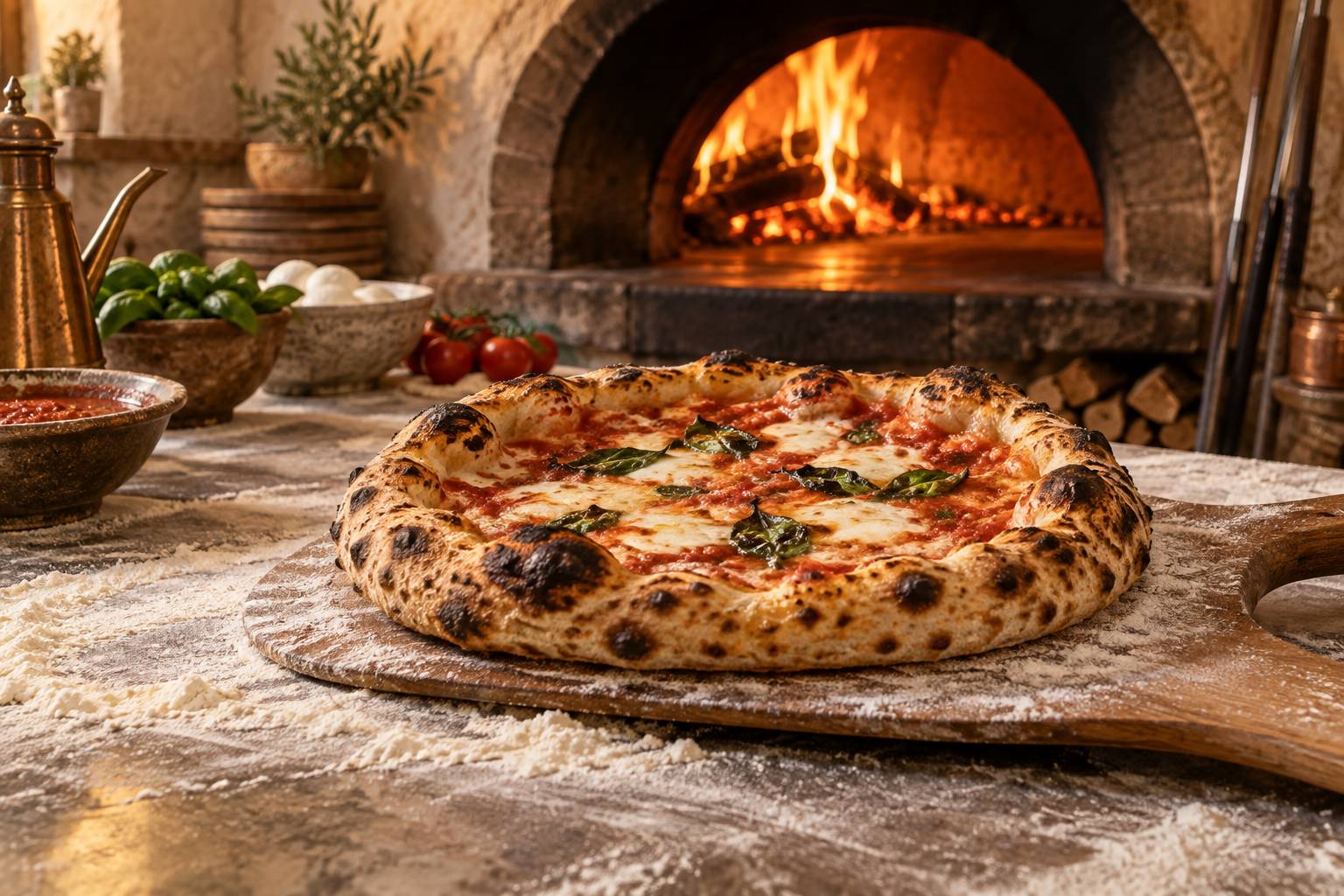 Pizza alvéolée à croûte brune sortant d'un four à bois avec pelle farinée