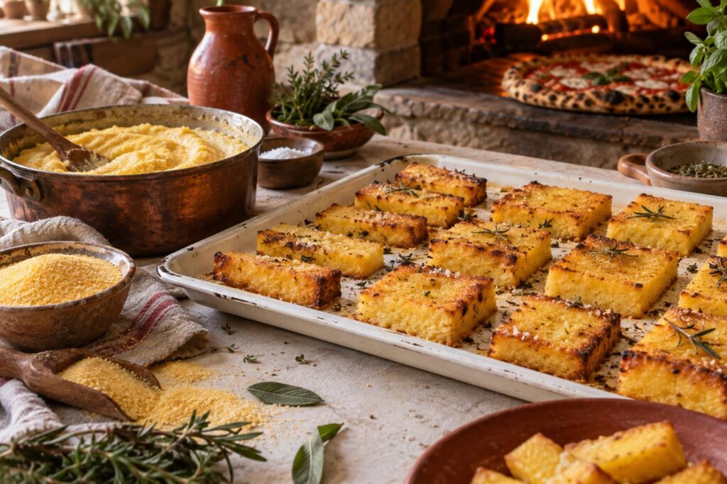 Illustration éditoriale du sujet : Polenta croustillante au four : la recette facile