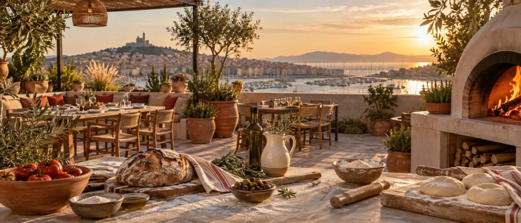Terrasse de rooftop à Marseille avec vue sur le Vieux-Port au coucher du soleil