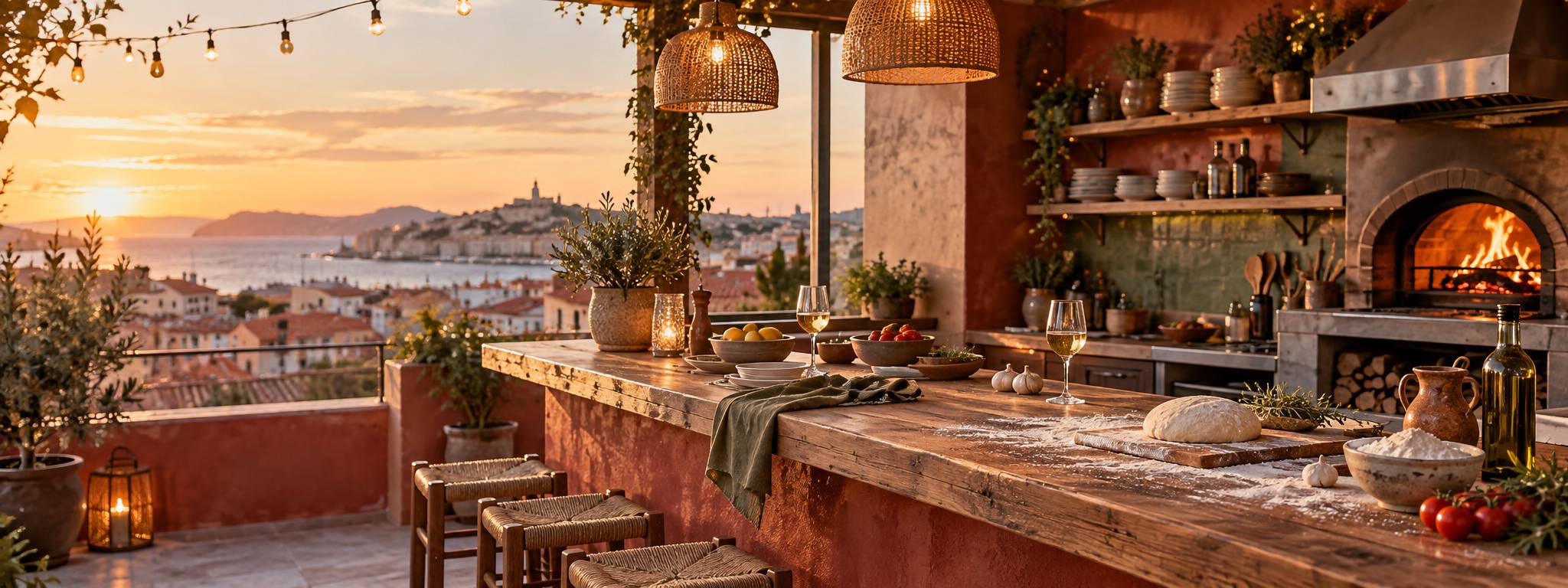 Terrasse de rooftop à Marseille avec vue sur le Vieux-Port au coucher du soleil