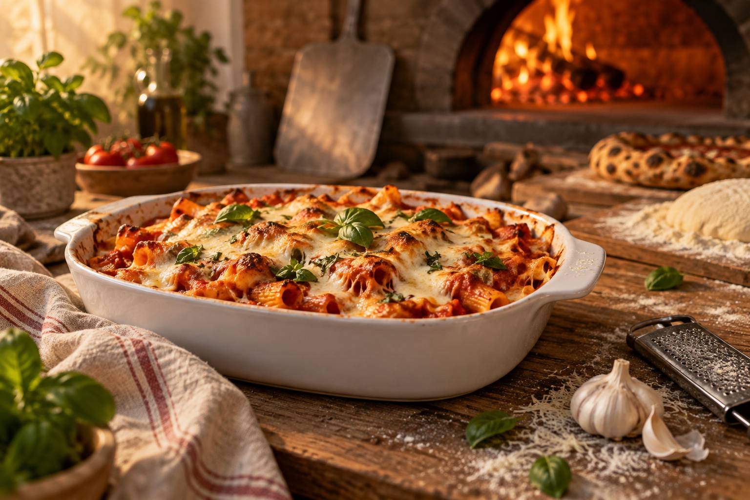 Plat de pâtes gratinées à la sauce tomate et mozzarella fondue
