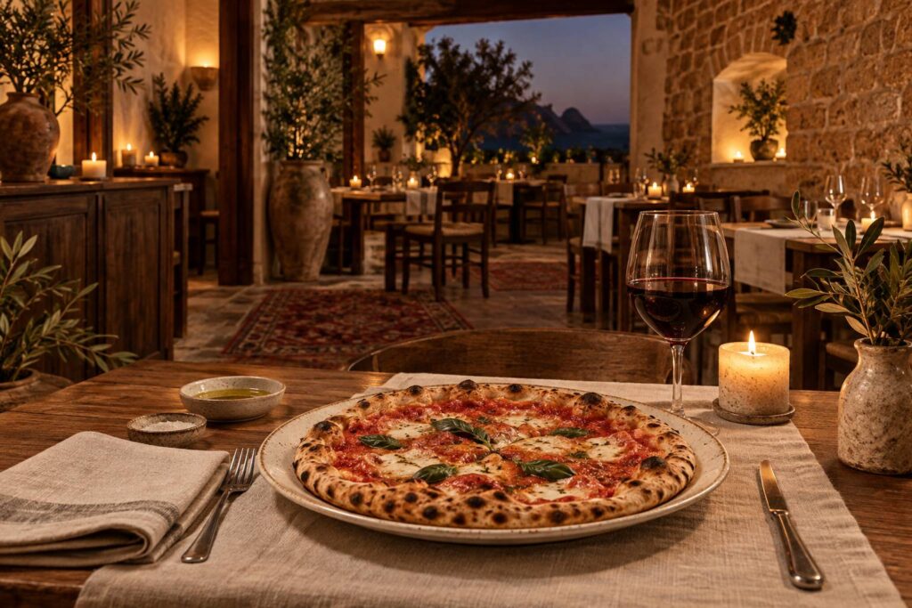 Pizza fine à croûte léopardée sur une table gastronomique italienne en soirée