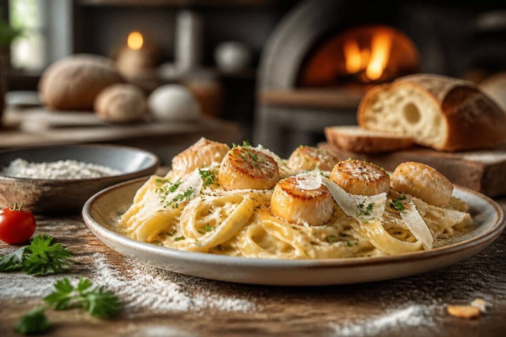 Assiette de tagliatelles crémeuses aux noix de Saint-Jacques dorées avec copeaux de parmesan