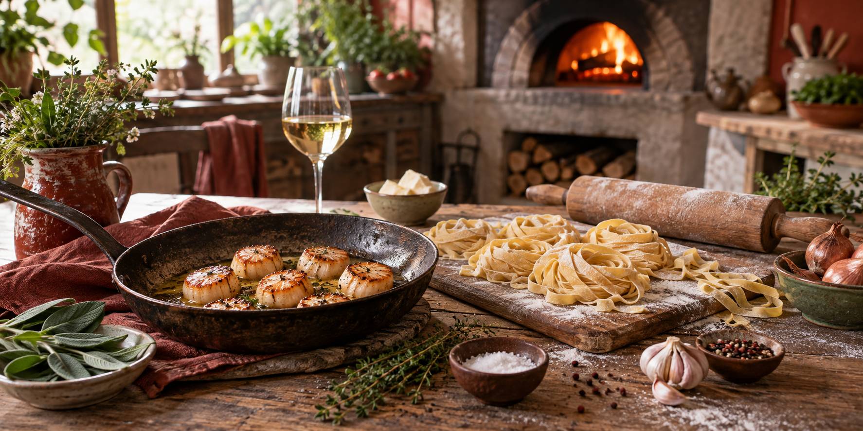 Tagliatelles aux noix de Saint-Jacques et sauce au vin blanc dans une assiette