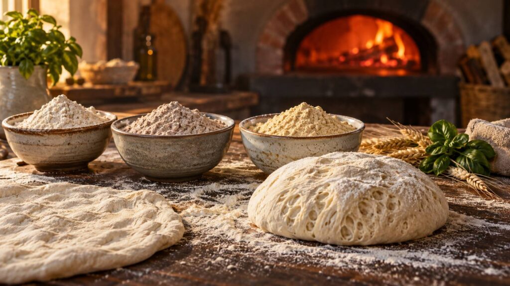 Trois bols de farines alternatives (épeautre, seigle, kamut) sur un plan de travail fariné avec pâte à pizza