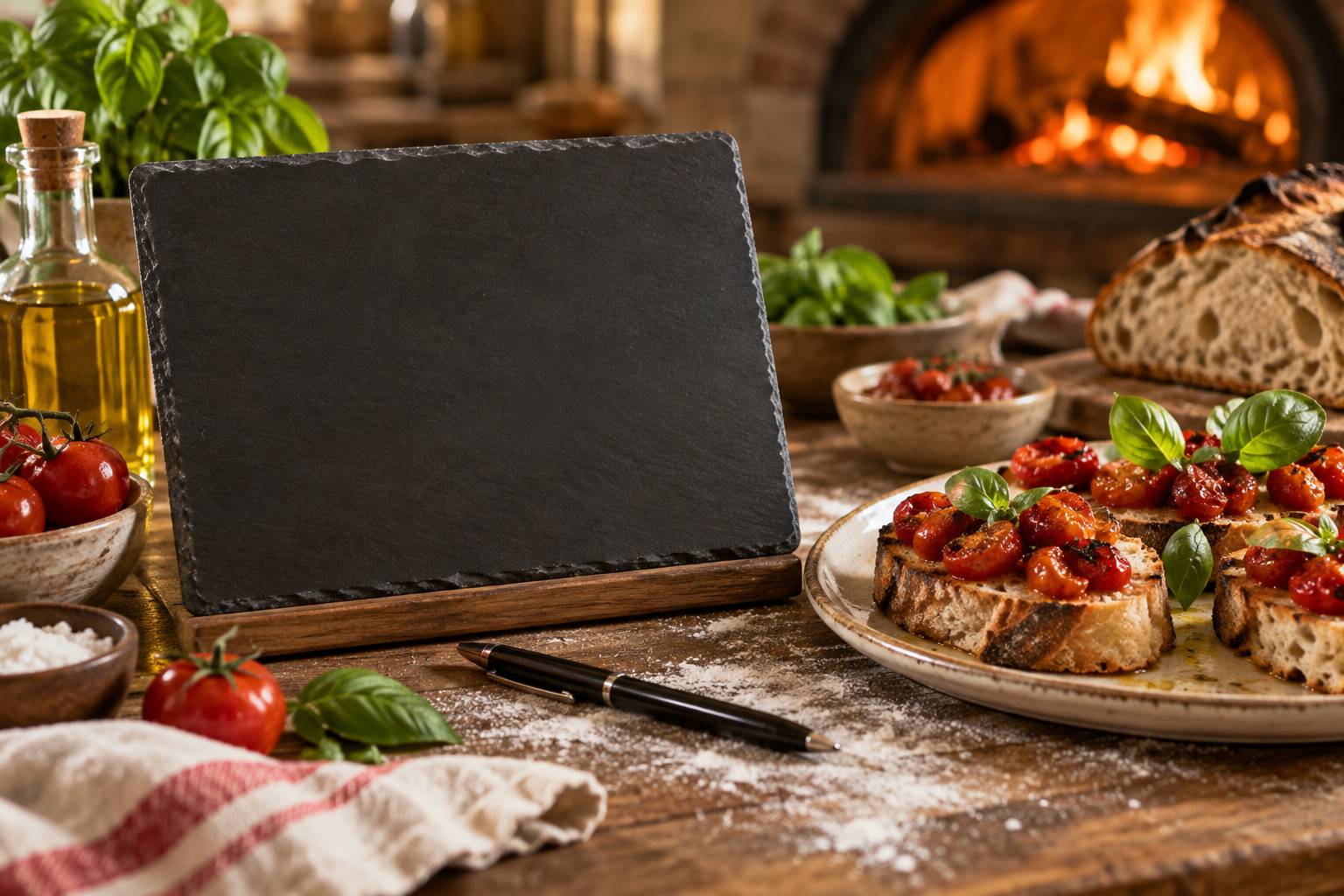 Ardoise de menu neutre et bruschetta sur une table